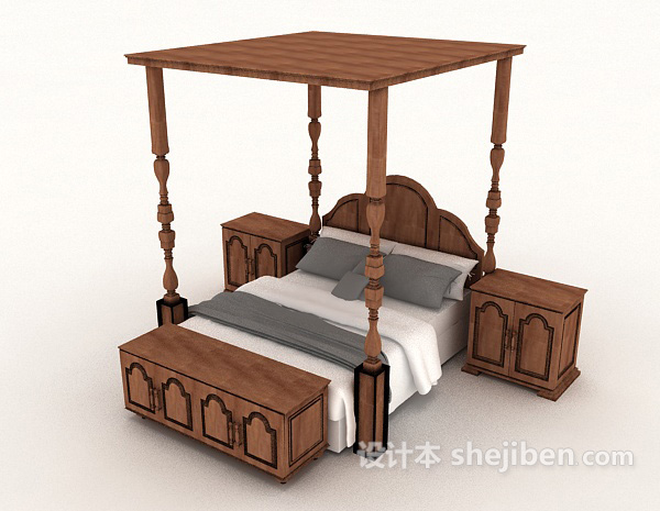免费欧式简单实木双人床3d模型下载