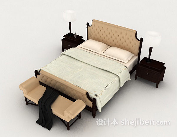 欧式木质简单双人床3d模型下载