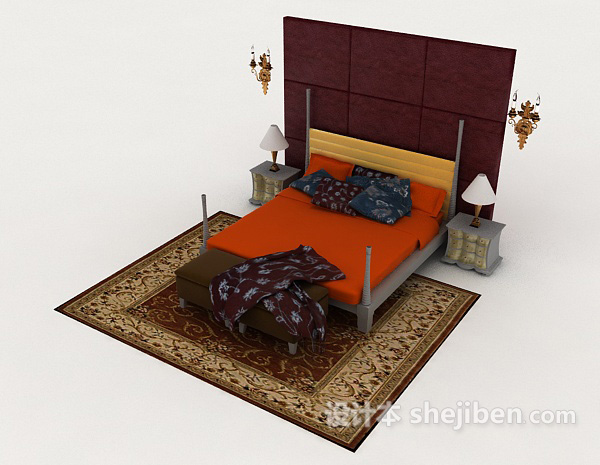 免费个性橙色双人床3d模型下载