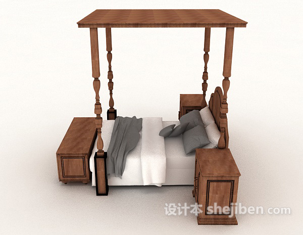 设计本欧式简单实木双人床3d模型下载