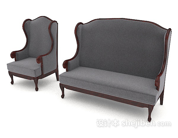 免费简欧风格灰色多人沙发3d模型下载
