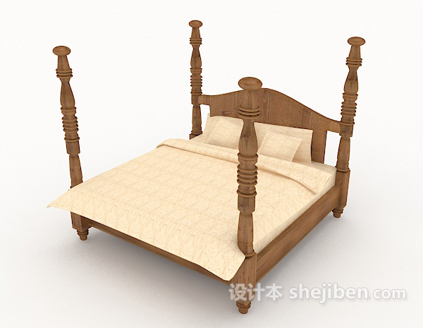 免费欧式木质简约双人床3d模型下载
