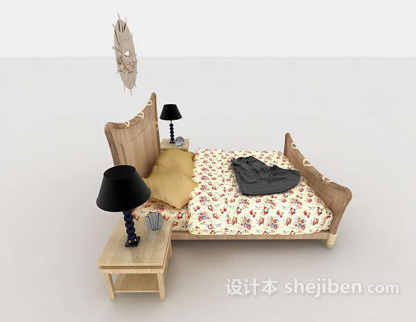设计本田园木质双人床3d模型下载