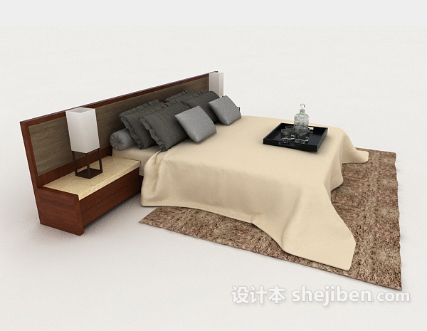 设计本家居简约棕色木质双人床3d模型下载