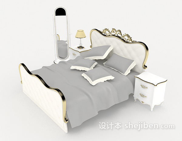 免费白色简单欧式双人床3d模型下载