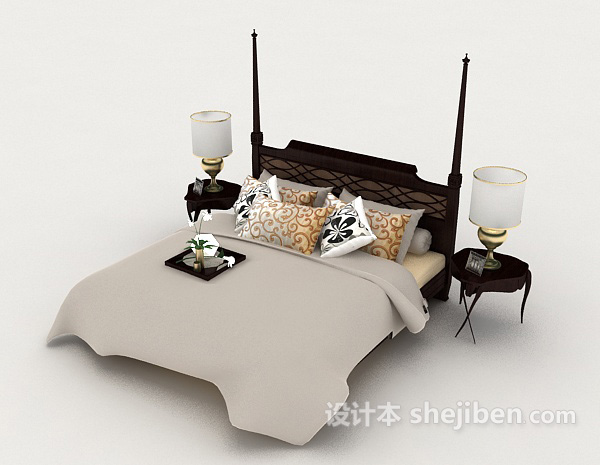 免费新中式木质家居双人床3d模型下载