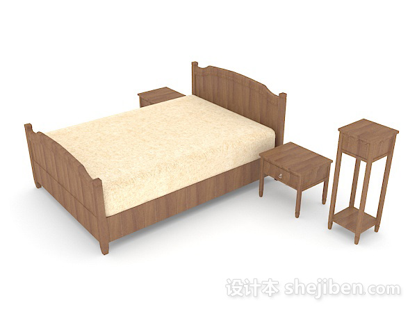 免费木质暖黄色双人床3d模型下载