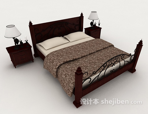 免费新中式双人木质床3d模型下载
