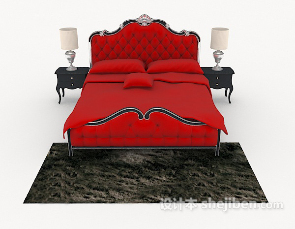 欧式风格欧式红色双人床3d模型下载