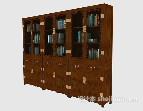 中式风格中式木质大书柜3d模型下载