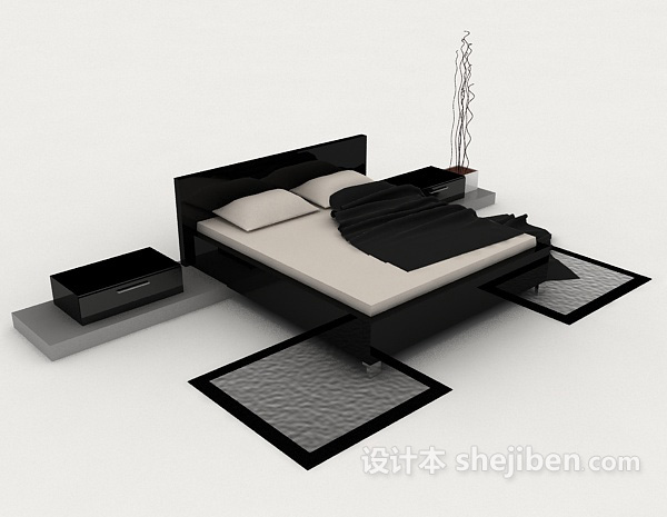 简单黑灰色双人床3d模型下载