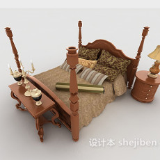 新中式复古实木双人床3d模型下载