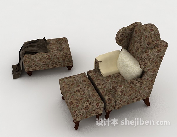 设计本欧式花纹棕色单人沙发3d模型下载