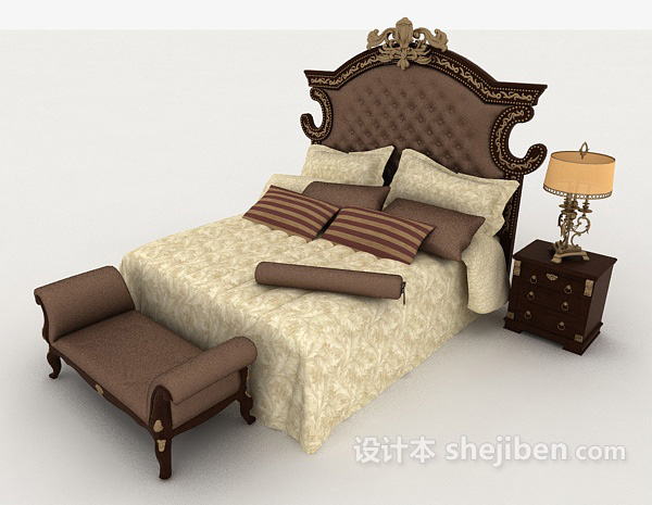欧式复古木质双人床3d模型下载