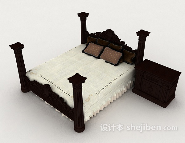 新中式深棕色实木双人床3d模型下载