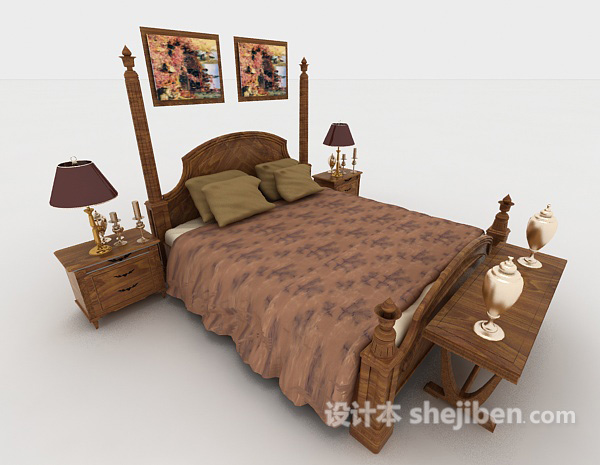 免费家居木质双人床3d模型下载
