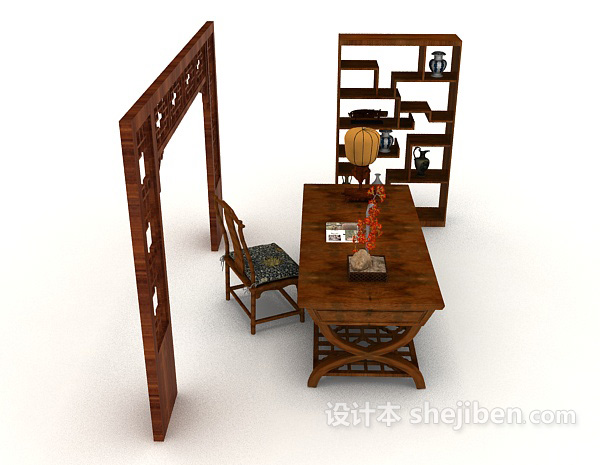中式风格中式复古书桌椅柜3d模型下载