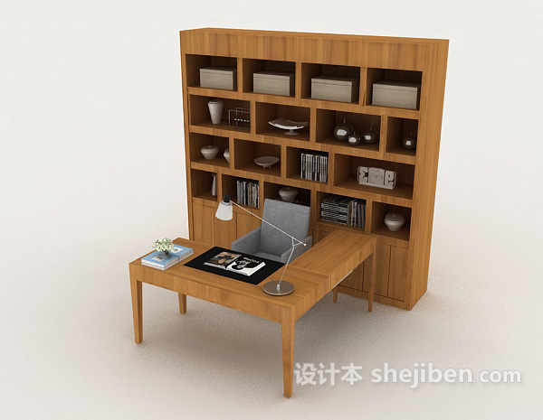 免费黄色木质书桌柜子3d模型下载