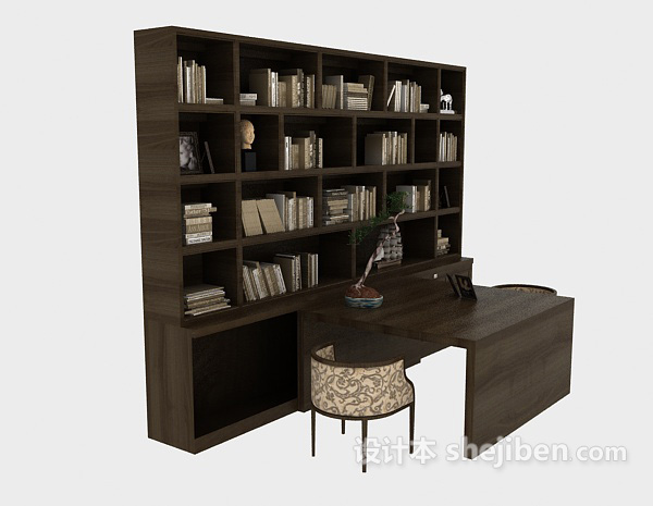 免费深棕色木质书柜3d模型下载