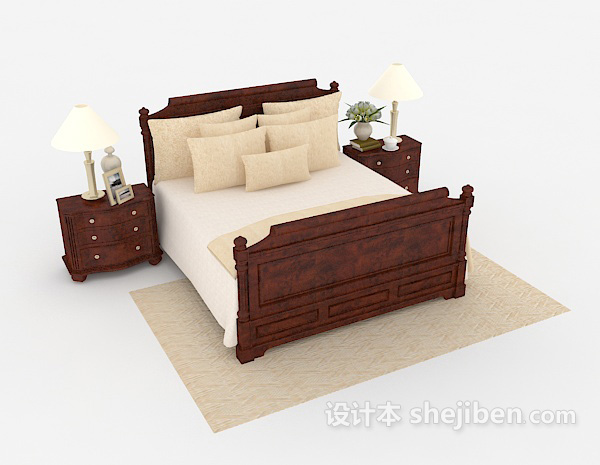 新中式木质米黄双人床3d模型下载