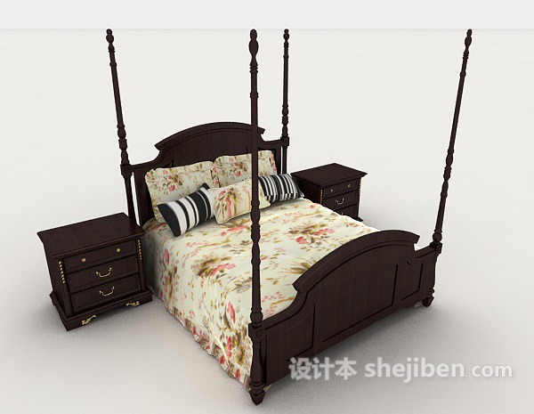 免费家居花纹木质双人床3d模型下载