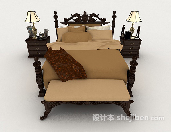 中式风格新中式木质棕色家居双人床3d模型下载