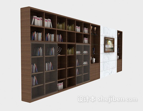 免费现代木质简约大书柜3d模型下载