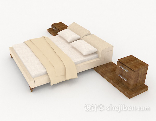 设计本木质家居米白色双人床3d模型下载