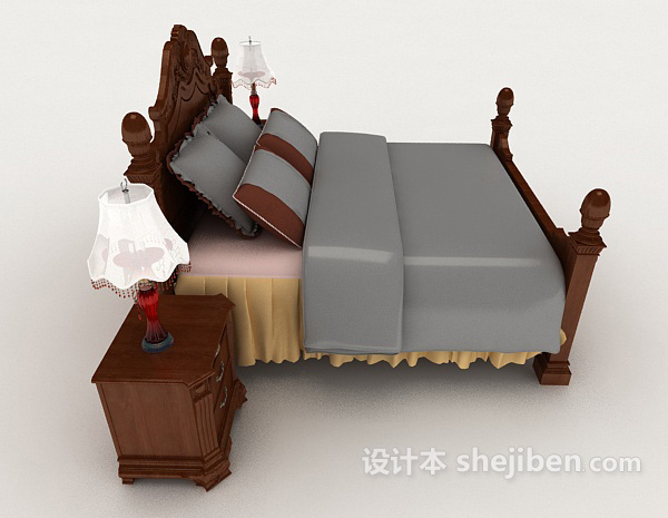 设计本新中式木质灰色双人床3d模型下载