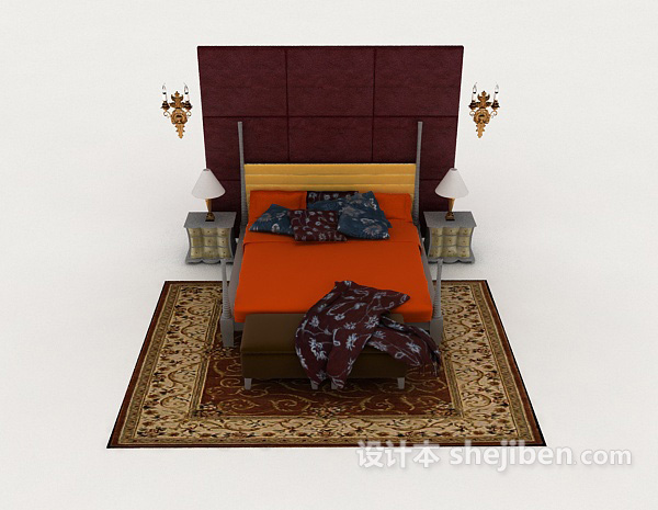 现代风格个性橙色双人床3d模型下载
