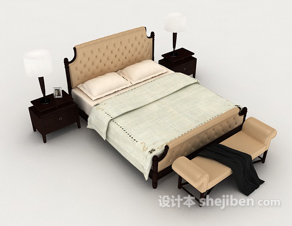 免费欧式木质简单双人床3d模型下载