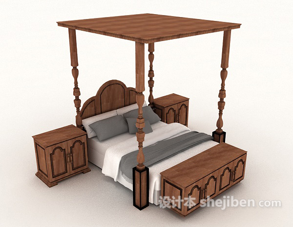 欧式简单实木双人床3d模型下载