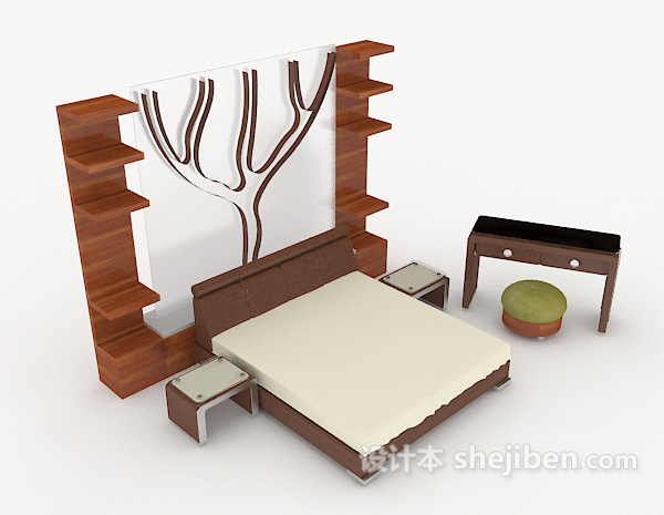 家居简约木质双人床3d模型下载
