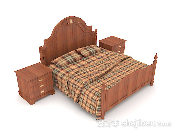 木质格子双人床3d模型下载