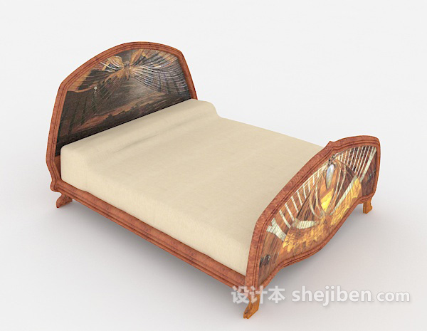 个性木质棕色双人床3d模型下载