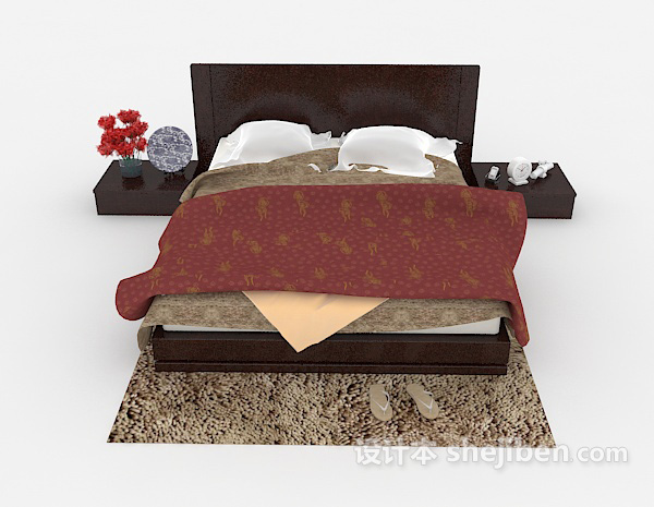 现代风格棕色木质简单床3d模型下载