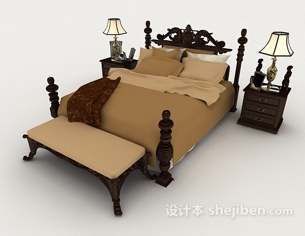 新中式木质棕色家居双人床3d模型下载