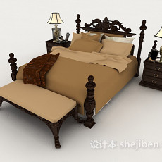 新中式木质棕色家居双人床3d模型下载