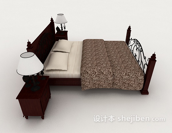 设计本新中式双人木质床3d模型下载