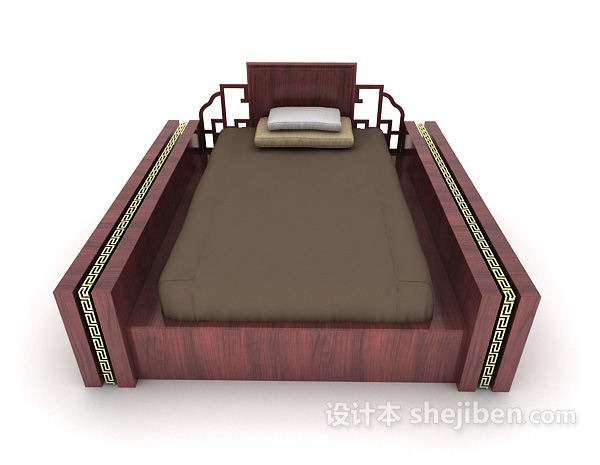 中式风格新中式单人床3d模型下载