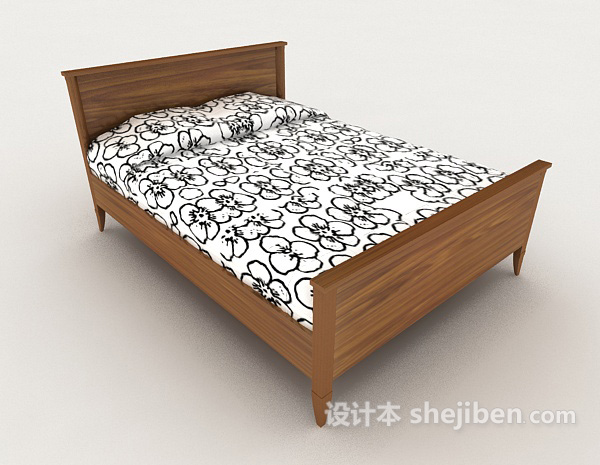 免费现代家居木质花纹双人床3d模型下载