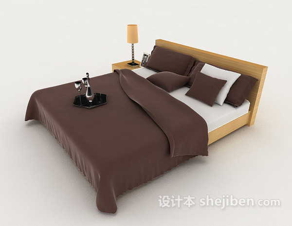 设计本棕色简约双人床3d模型下载