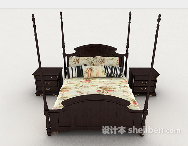 现代风格家居花纹木质双人床3d模型下载