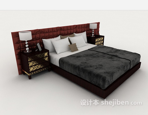 家居简约木质灰色双人床3d模型下载
