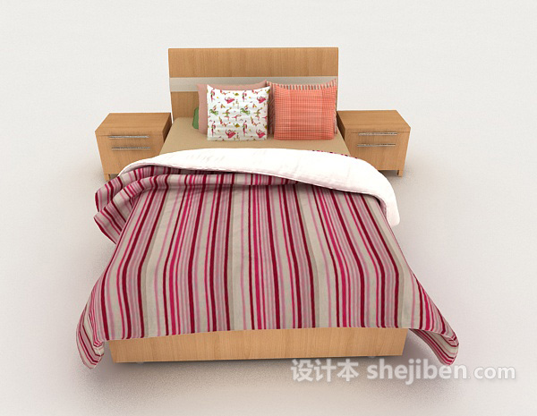 现代风格简单木质红色条纹双人床3d模型下载
