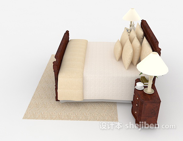 设计本新中式木质米黄双人床3d模型下载