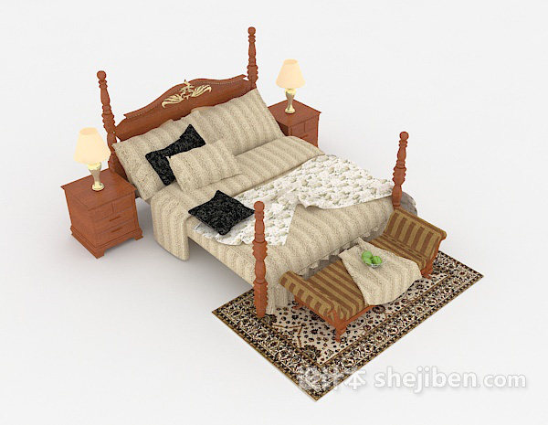 新中式木质棕色双人床3d模型下载
