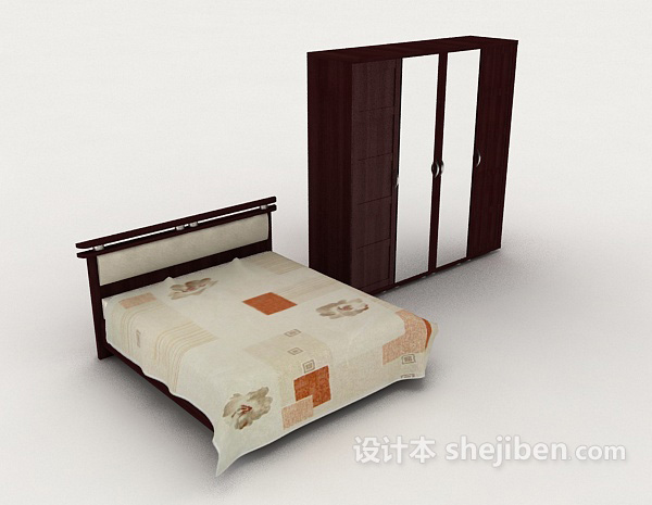 现代家居木质简约双人床3d模型下载