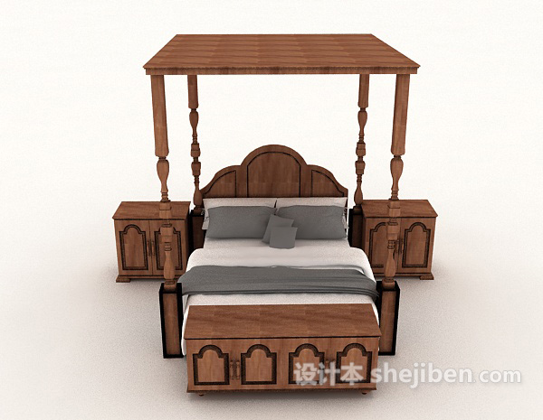 欧式风格欧式简单实木双人床3d模型下载