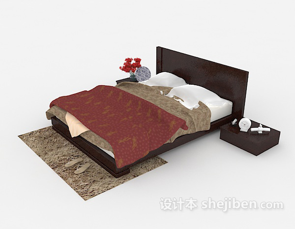 免费棕色木质简单床3d模型下载